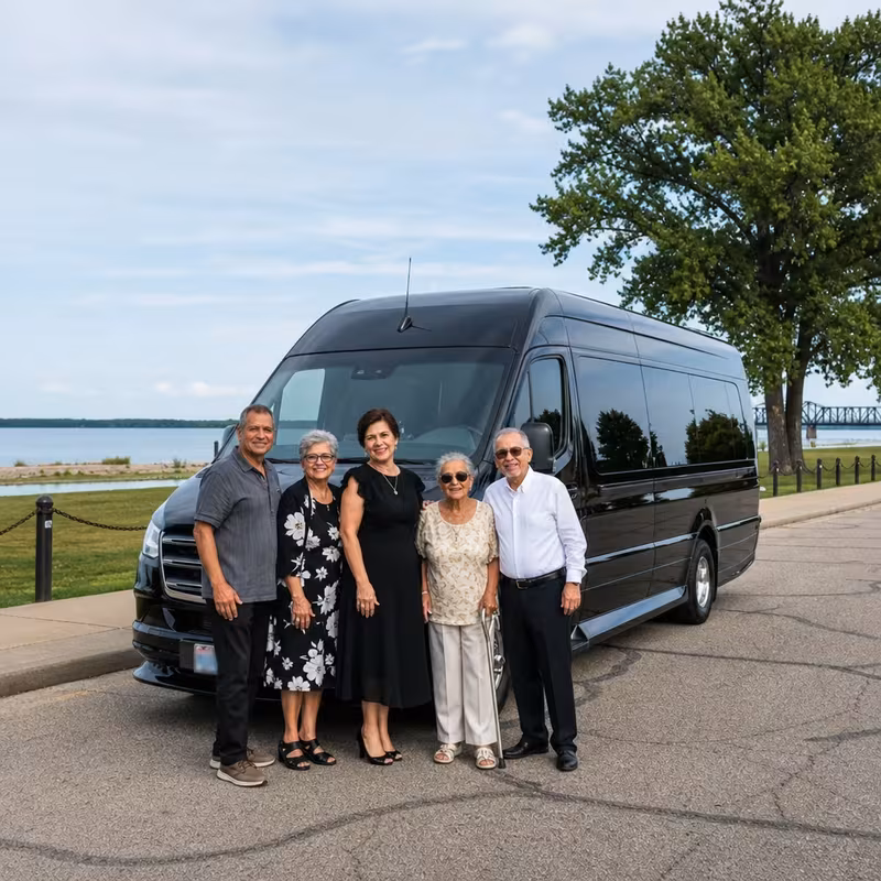 Group beside a Mercedes Sprinter limo from the Peoria fleet