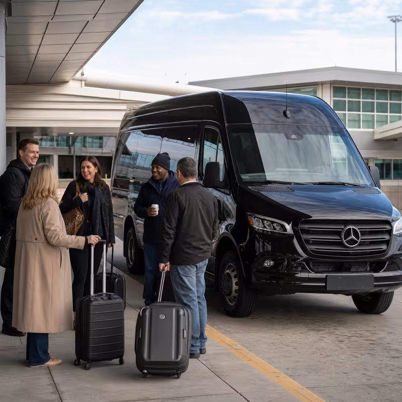 Group boarding a white charter bus for Airport Transportation transportation in Peoria