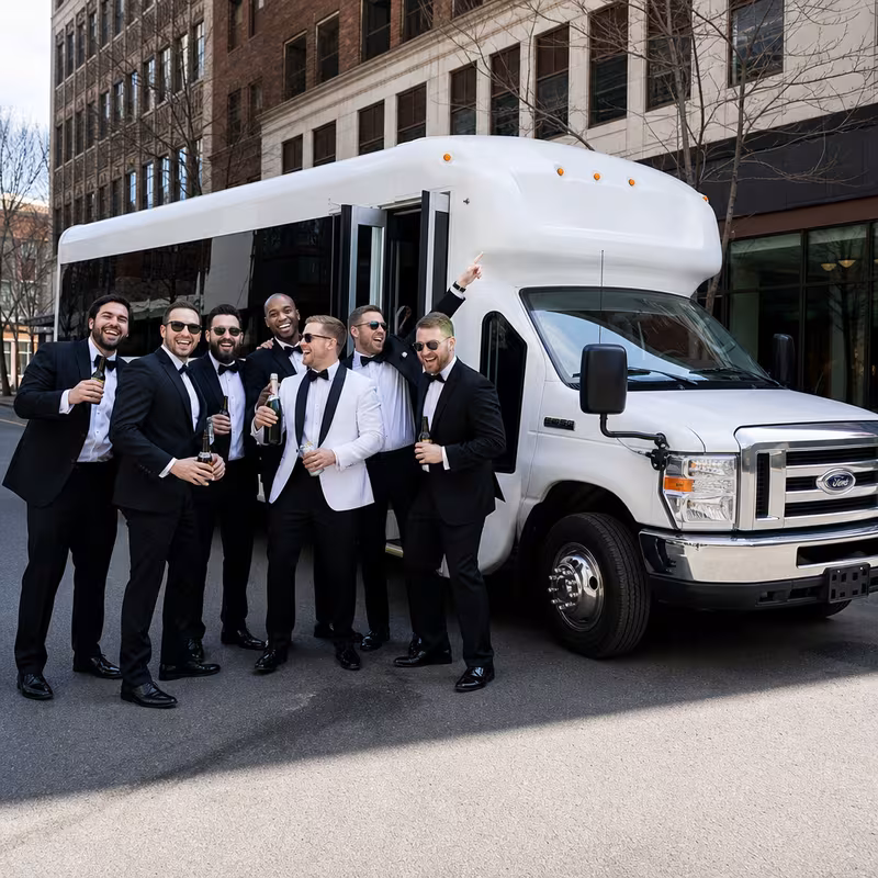 Black Mercedes Sprinter van staged for an Peoria Bachelor & Bachelorette Transportation group
