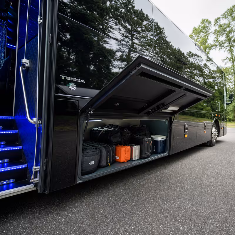 Party bus interior with wraparound leather seating and LED lighting in Peoria