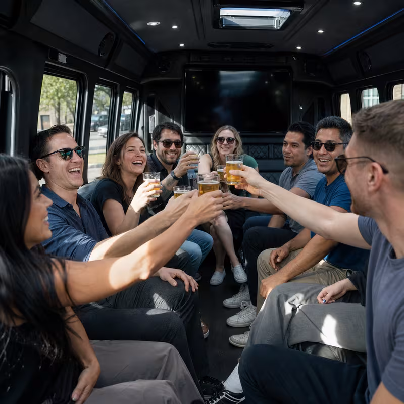 Group boarding a white charter bus for Winery & Brewery Tour Transportation transportation in Peoria